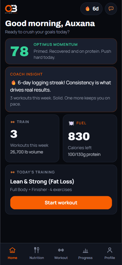 OptimusBody app showing daily calories, macros, and what to eat next at a glance