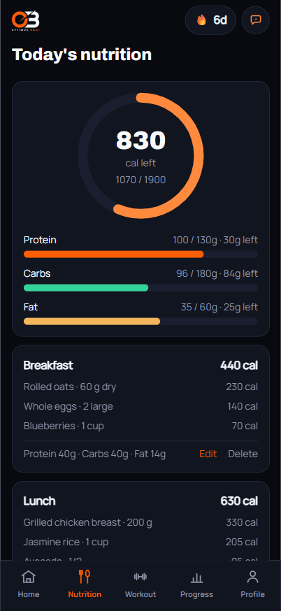 OptimusBody food log with meals, calories, and macros; snap a meal or enter manually