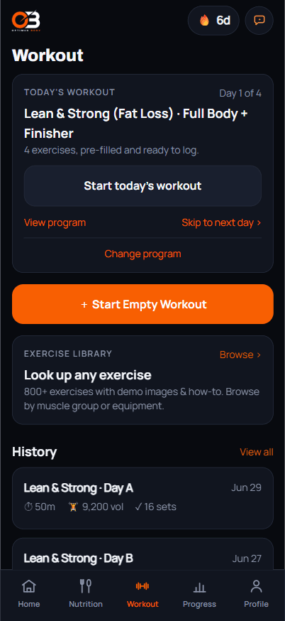OptimusBody active workout logging screen